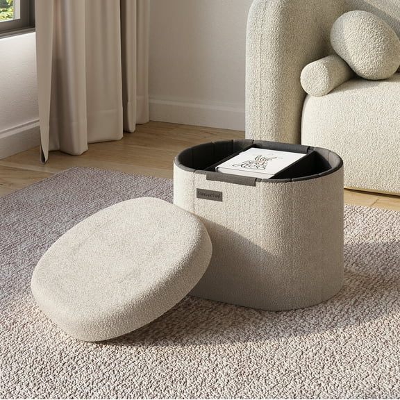 Hearth & Harbor Oval Storage Ottoman Bench, Boucle 16" Ottoman with Storage , Beige