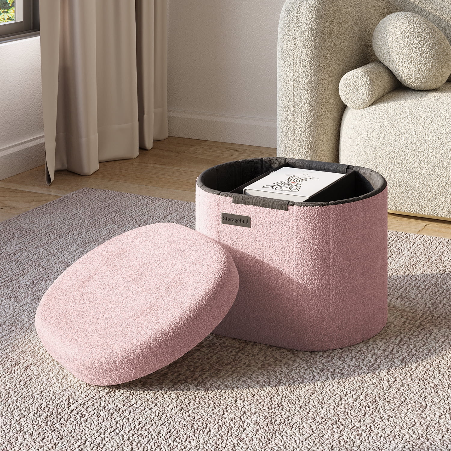 Hearth & Harbor Oval Storage Ottoman Bench, Boucle 16" Ottoman with Storage , Pink