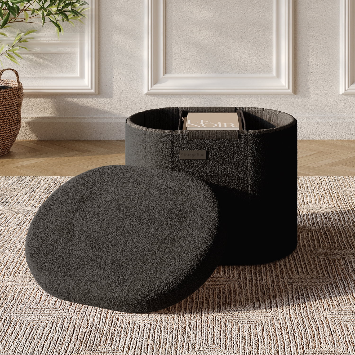Hearth & Harbor Oval Storage Ottoman Bench, Boucle 18" Ottoman with Storage , Black