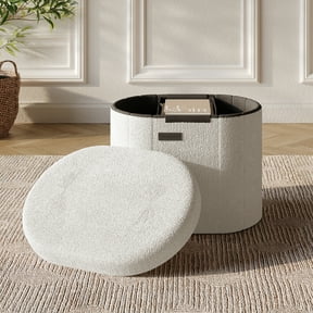 Hearth & Harbor Oval Storage Ottoman Bench, Boucle 18" Ottoman with Storage , White