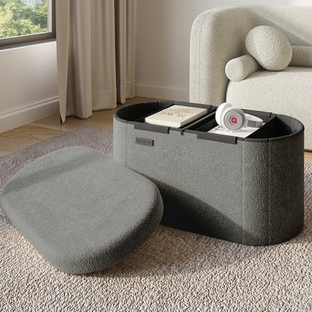 Hearth & Harbor Oval Storage Ottoman Bench, Boucle 30" Ottoman with Storage , Grey