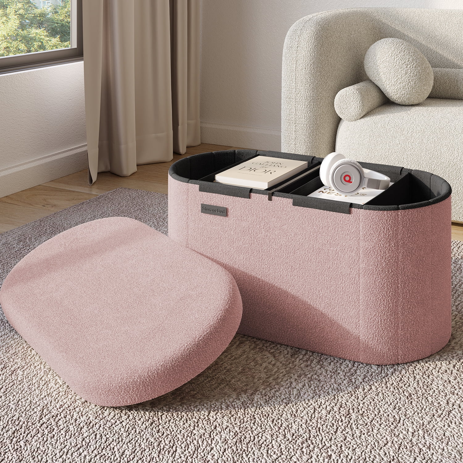 Hearth & Harbor Oval Storage Ottoman Bench, Boucle 30" Ottoman with Storage , Pink