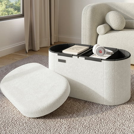 Hearth & Harbor Oval Storage Ottoman Bench, Boucle 30" Ottoman with Storage , White