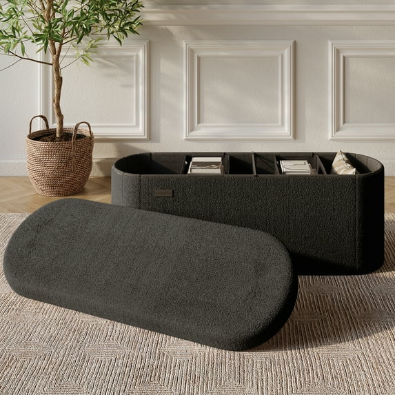 Hearth & Harbor Oval Storage Ottoman Bench, Boucle 43" Ottoman with Storage , Black