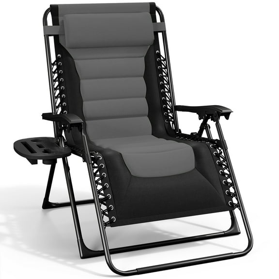 Hearth & Harbor Oversized Zero Gravity Chair, Padded Outdoor Lounge Chair with Headrest and Cup Holder, Black/Gray