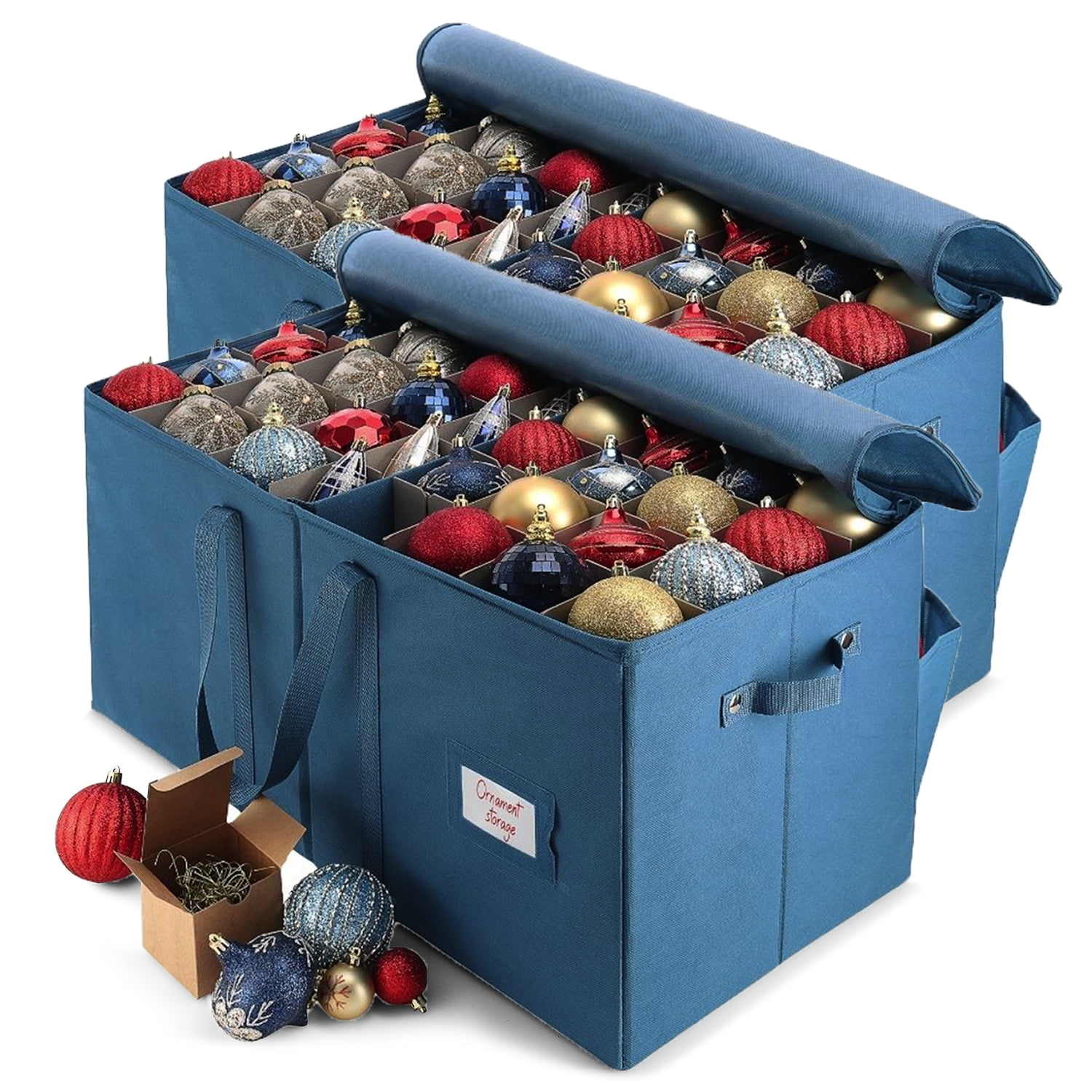 Hearth & Harbor Pack of 2 Large Christmas Ornament Storage Box with Adjustable Dividers, POLYESTER, Blue