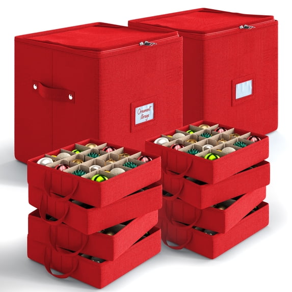 Hearth & Harbor Pack of 2 Small Christmas Ornament Storage Box - Fits up to 64 Holiday Ornaments - Red Fabric Cube