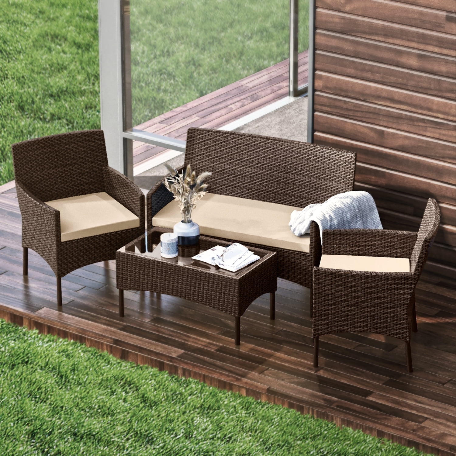 Hearth & Harbor Outdoor Furniture Set, 4 Piece Wicker Patio Chairs Set, Brown with Beige Cushions