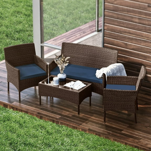 Hearth & Harbor Outdoor Furniture Set, 4 Piece Wicker Patio Chairs Set, Brown with Navy Cushions