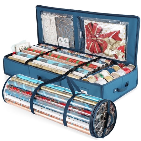 Hearth & Harbor Set of Holiday Christmas Wrapping Paper Storage Box and Wrapping Paper Storage Roll, Gift Wrap Organizer, Blue