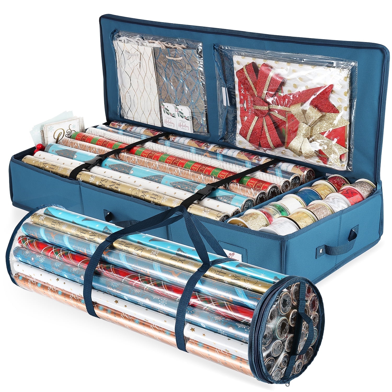 Hearth & Harbor Set of Holiday Christmas Wrapping Paper Storage Box and Wrapping Paper Storage Roll, Gift Wrap Organizer, Blue