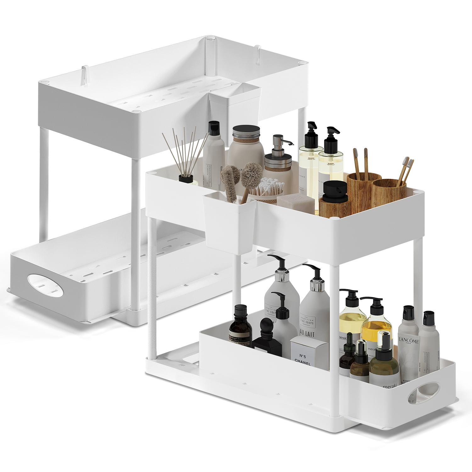 Hearth and Harbor Under Sink Organizer, Bathroom Cabinet Organizer Pull Out Sliding Draw, Under Cabinet Storage, None Slip Grip Under Kitchen Sink Organizer, White (2-Pack)