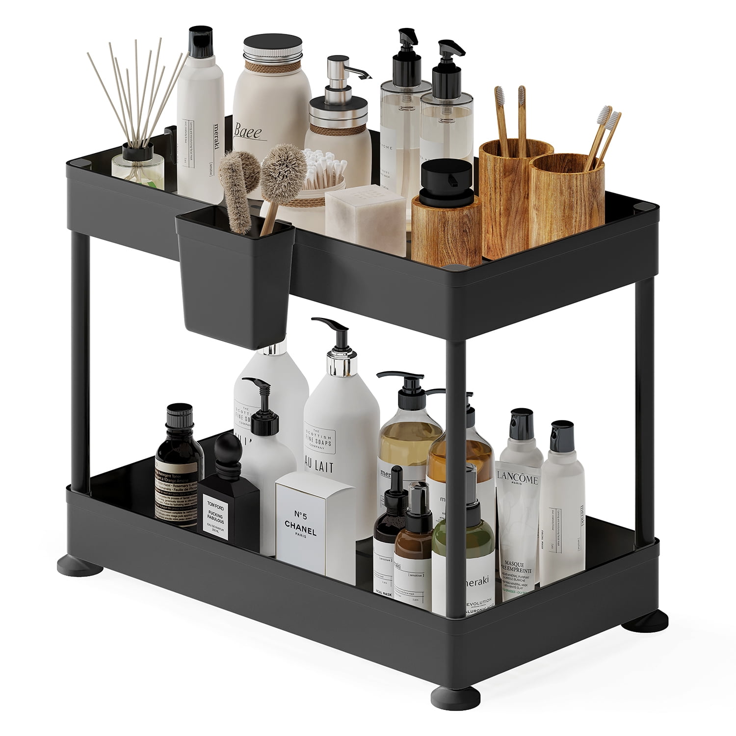 Hearth and Harbor Under Sink Organizer, Bathroom Cabinet Organizer, Utility Hooks And Side Caddy For Under Cabinet Storage, None Slip Grip Under Kitchen Sink Organizer, Black (1-Pack)