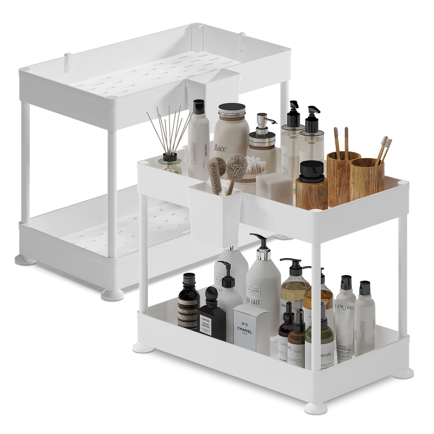 Hearth and Harbor Under Sink Organizer, Bathroom Cabinet Organizer, Utility Hooks And Side Caddy For Under Cabinet Storage, None Slip Grip Under Kitchen Sink Organizer, White (2-Pack)