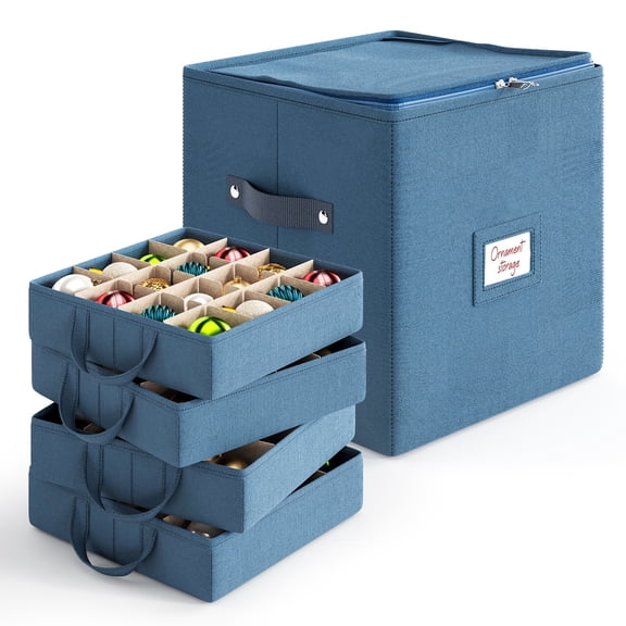 Hearth & Harbor Small Christmas Ornament Storage Box - Fits up to 64 Holiday Ornaments - Blue Fabric Cube