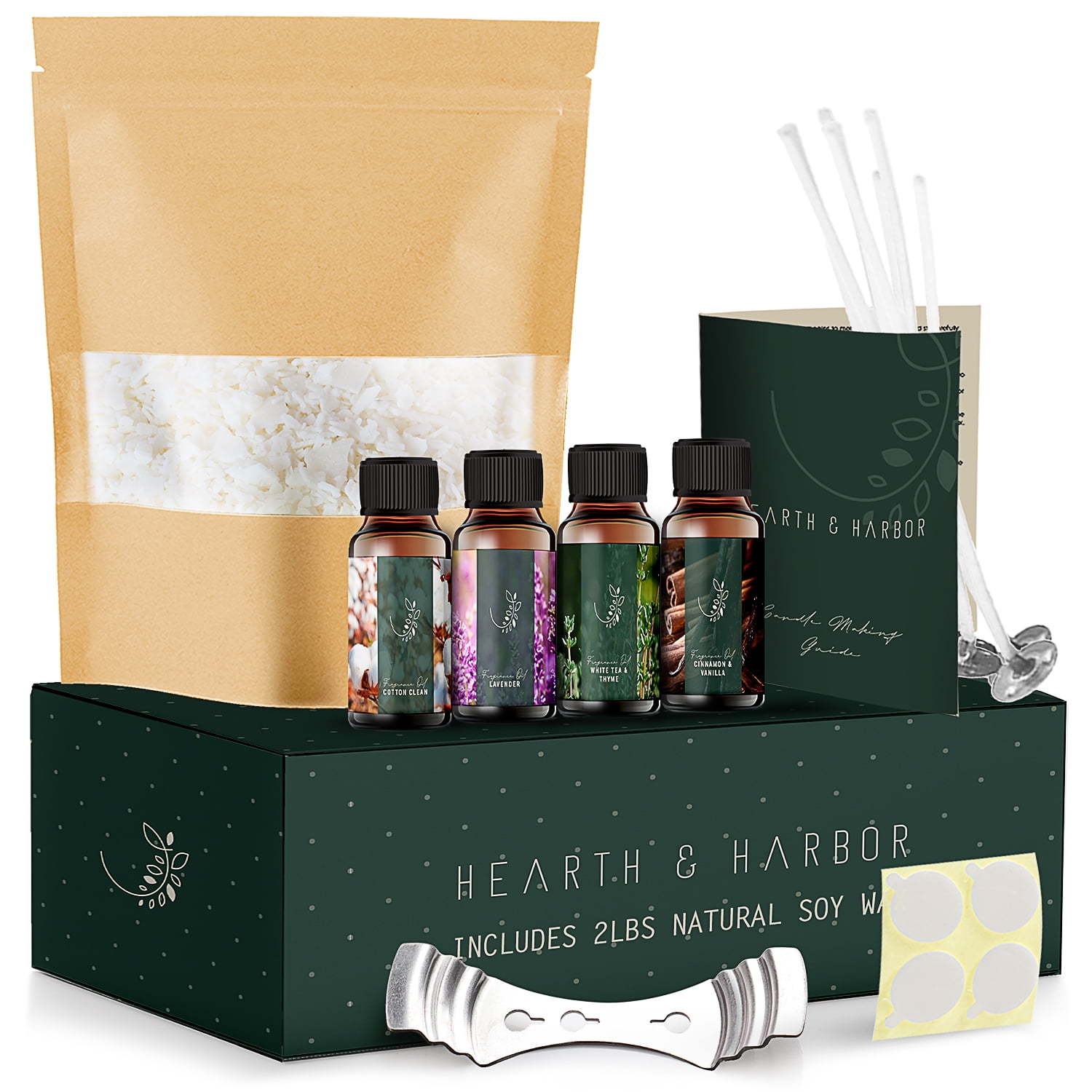 Hearth & Harbor Soy Candle Making Kit - Mini Supply Kit - Candle Wax for Candle Making - 2lbs Natural Soy Wax, Fragnance Oil, Cotton Wicks, Metal Centering Tool, and Glue Stickers
