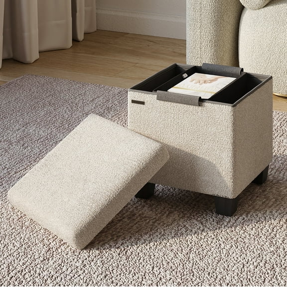 Hearth & Harbor Storage Ottoman Bench, Boucle 15" Ottoman with Storage , Beige