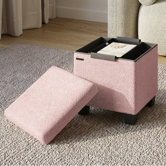 Hearth & Harbor Storage Ottoman Bench, Boucle 15" Ottoman with Storage , Pink