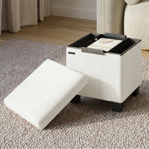 Hearth & Harbor Storage Ottoman Bench, Boucle 15" Ottoman with Storage , White