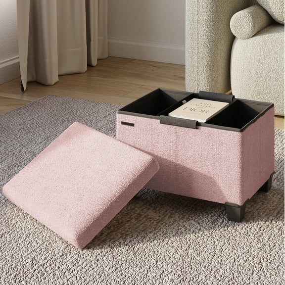 Hearth & Harbor Storage Ottoman Bench, Boucle 16" Ottoman with Storage , Pink
