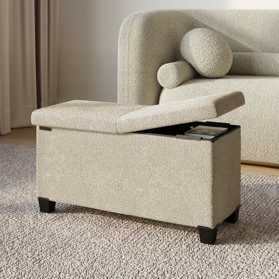 Hearth & Harbor Storage Ottoman Bench, Boucle 30" Ottoman with Storage , Beige