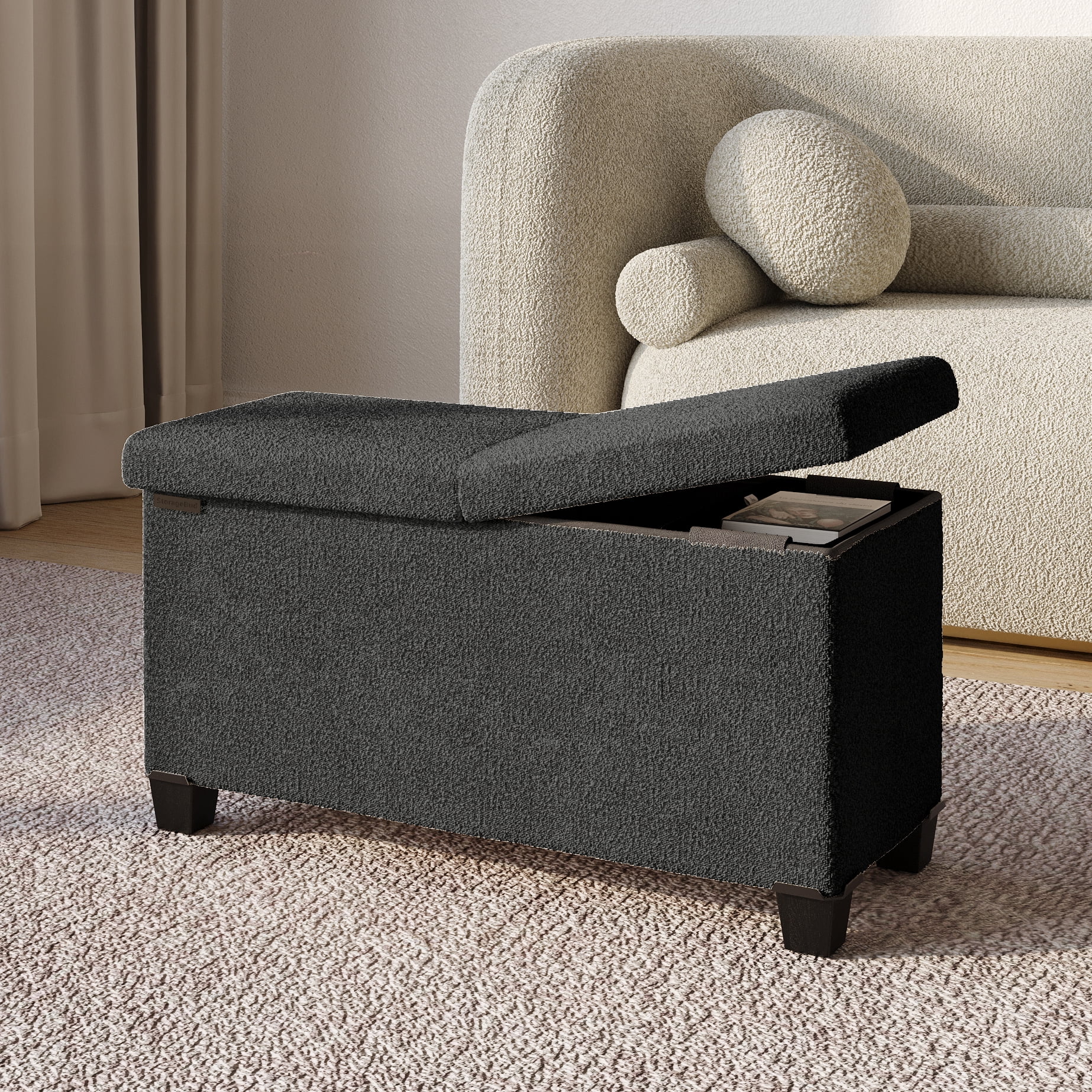 Hearth & Harbor Storage Ottoman Bench, Boucle 30" Ottoman with Storage , Black