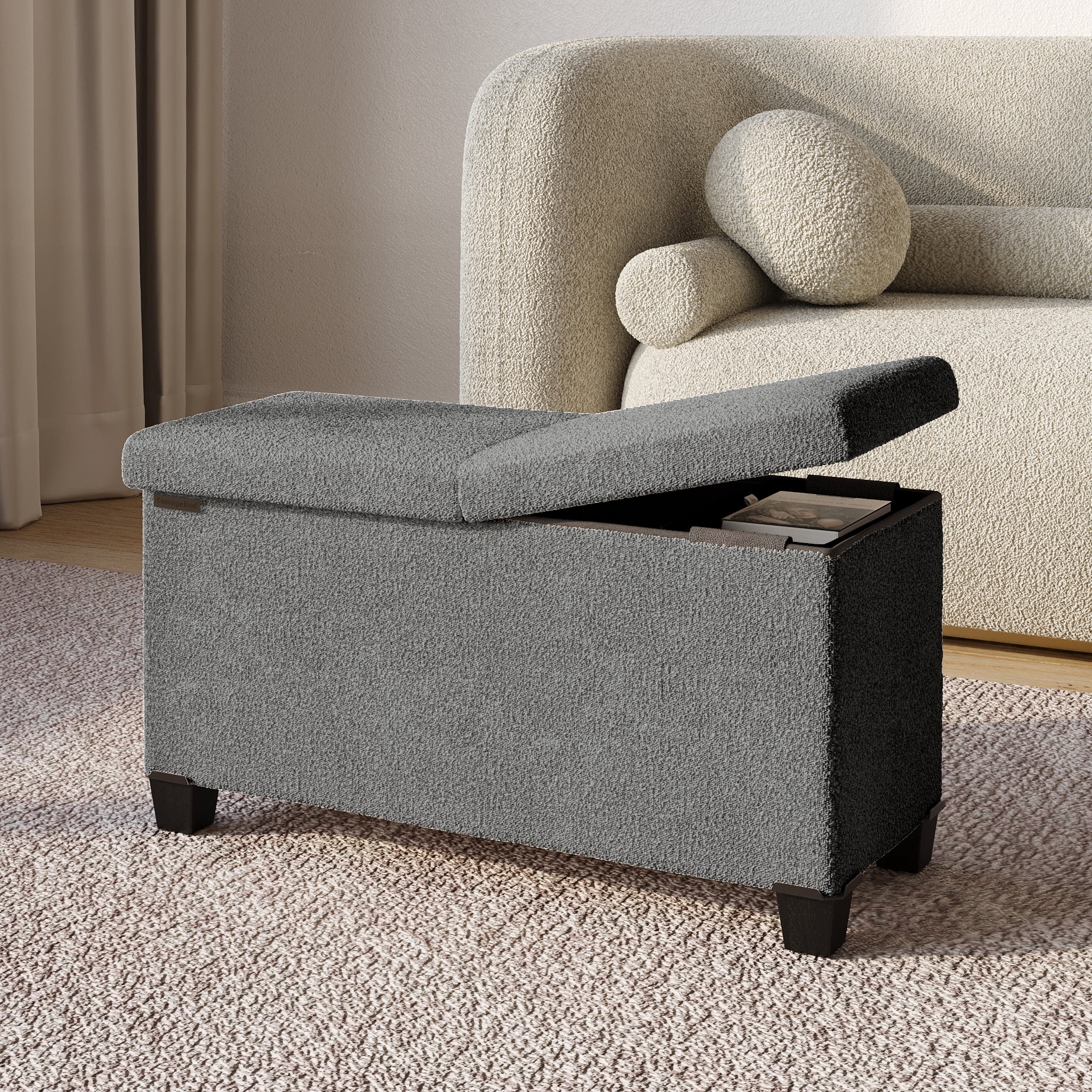 Gray 30" Tufted Linen Storage Ottoman Bench with Faux Wood Legs
