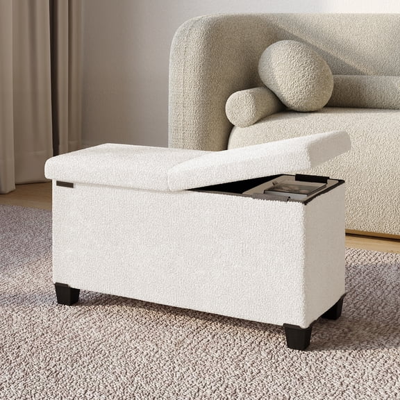 Hearth & Harbor Storage Ottoman Bench, Boucle 30" Ottoman with Storage , White