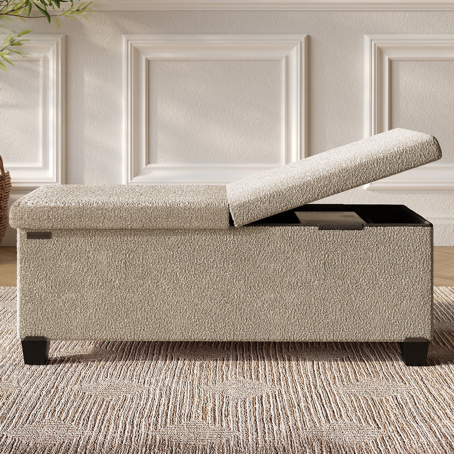 Hearth & Harbor Storage Ottoman Bench, Boucle 43" Ottoman with Storage , Beige