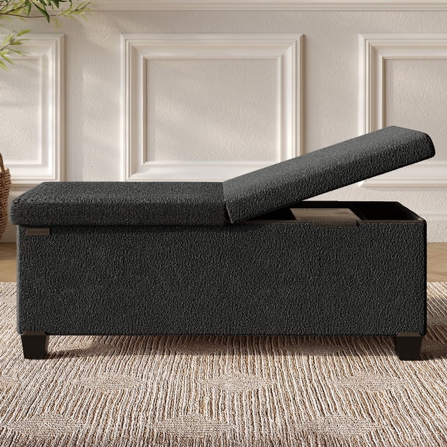 Hearth & Harbor Storage Ottoman Bench, Boucle 43" Ottoman with Storage , Black