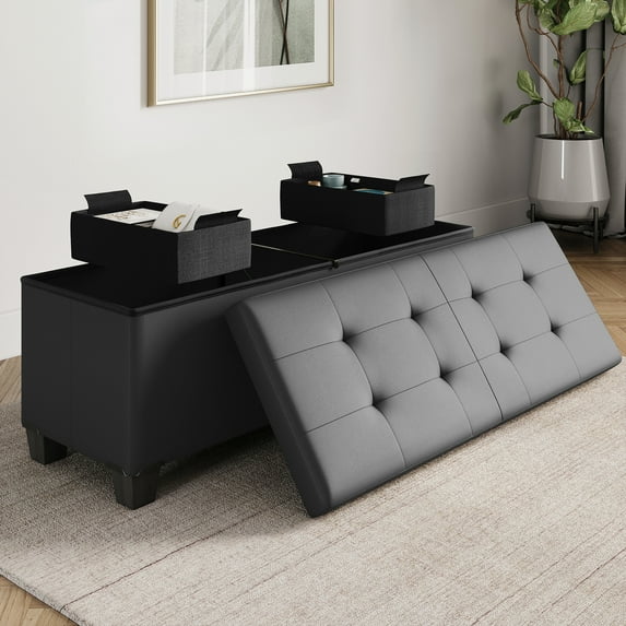 Hearth & Harbor Storage Ottoman Bench, Faux Leather 45" Ottoman With Storage, Gray