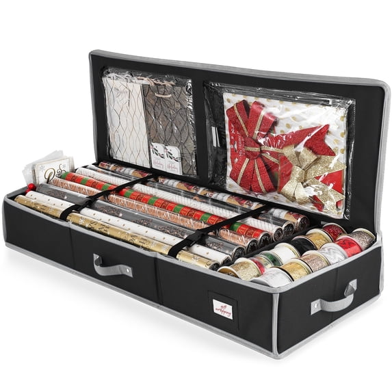 Hearth & Harbor Wrapping Paper Storage Container, Christmas Gift Wrap Storage Organizer with Interior Pockets - Fits Up to 22 Rolls of 40", Black