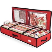 Hearth & Harbor Wrapping Paper Storage Container, Christmas Gift Wrap Storage Organizer with Interior Pockets - Fits Up to 22 Rolls of 40", Red