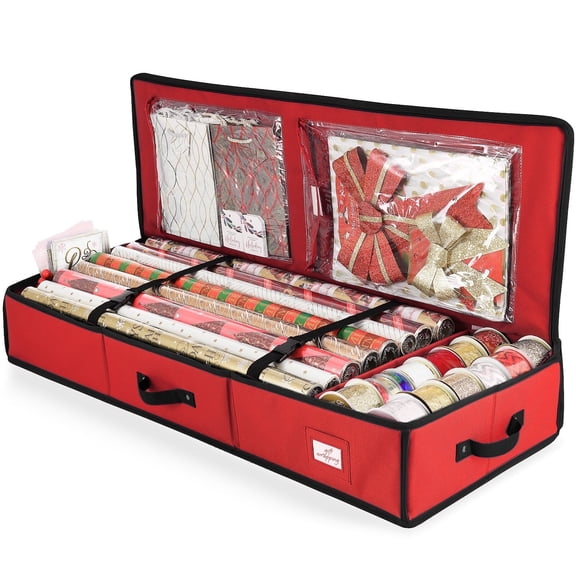 Hearth & Harbor Wrapping Paper Storage Container, Christmas Gift Wrap Storage Organizer with Interior Pockets - Fits Up to 22 Rolls of 40", Red