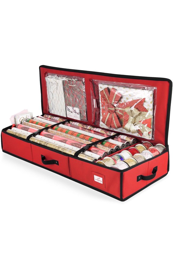 Wrapping Paper Storage Container, Christmas Gift Wrap Storage Organizer with Interior Pockets - Fits Up to 22 Rolls of 40", Red