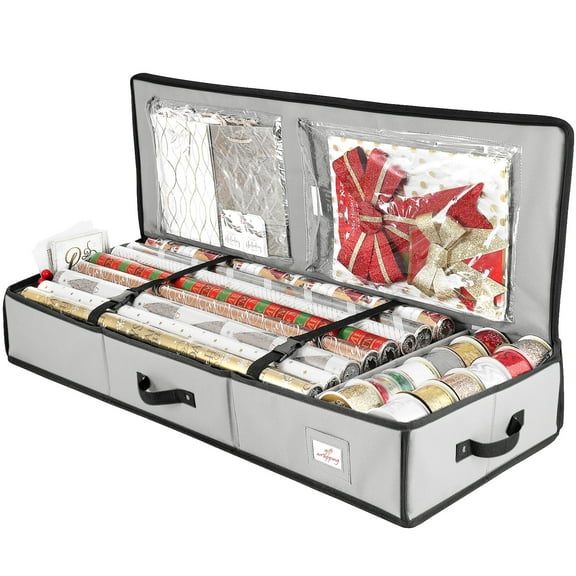 Hearth & Harbor Wrapping Paper Storage Container, Christmas Gift Wrap Storage Organizer with Interior Pockets - Fits Up to 22 Rolls of 40", Silver