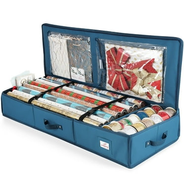 Hearth & Harbor Wrapping Paper Storage Container, Christmas Storage Bag with Interior Pockets - Fits Up to 22 Rolls of 40", Tear proof Gift Wrap Storage Organizer, Underbed Storage, Blue