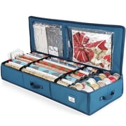 Hearth & Harbor Wrapping Paper Storage Container, Christmas Gift Wrap Storage Organizer with Interior Pockets - Fits Up to 22 Rolls of 40", Blue