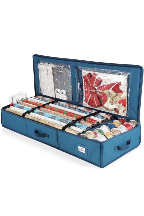 Wrapping Paper Storage Container, Christmas Gift Wrap Storage Organizer with Interior Pockets - Fits Up to 22 Rolls of 40", Blue