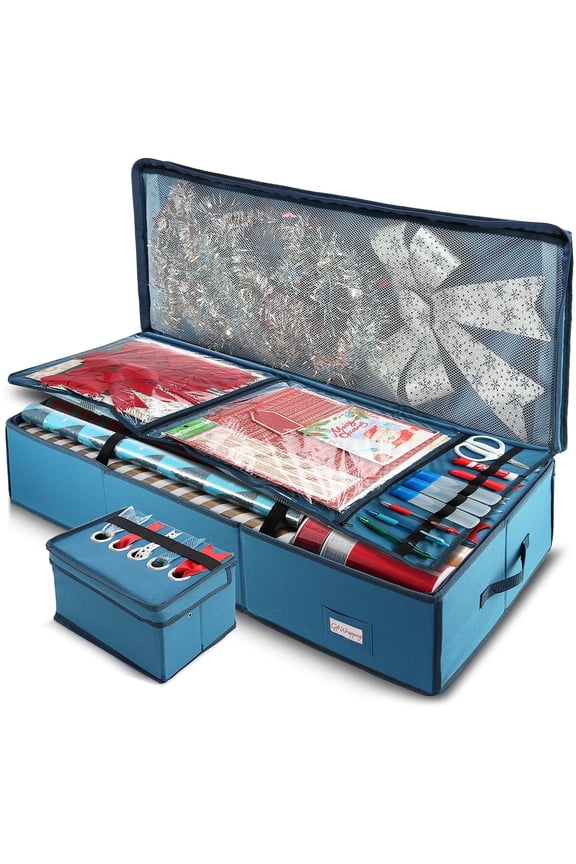 Wrapping Paper Storage Container - Christmas Wrapping Paper Rolls Storage Box for Holiday Storage & Accessories - Gift Wrap Storage Organizer Box, Blue