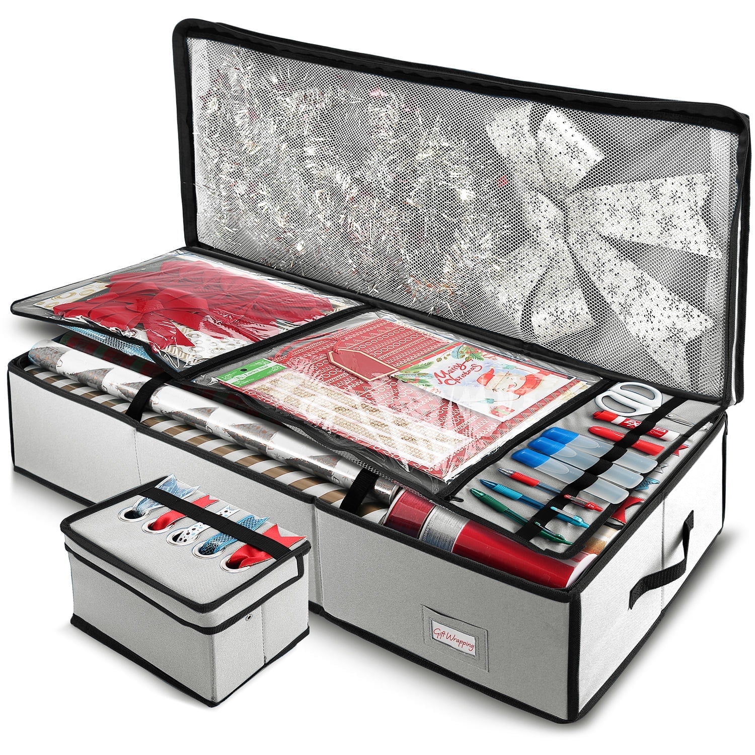 Hearth & Harbor Wrapping Paper Storage Container - Christmas Wrapping Paper Rolls Storage Box for Holiday Storage & Accessories - Gift Wrap Storage Organizer Box, Silver