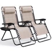Hearth & Harbor Zero Gravity Chair Set of 2, Outdoor Lounge Chair Set of 2 with Cup Holder, Beige