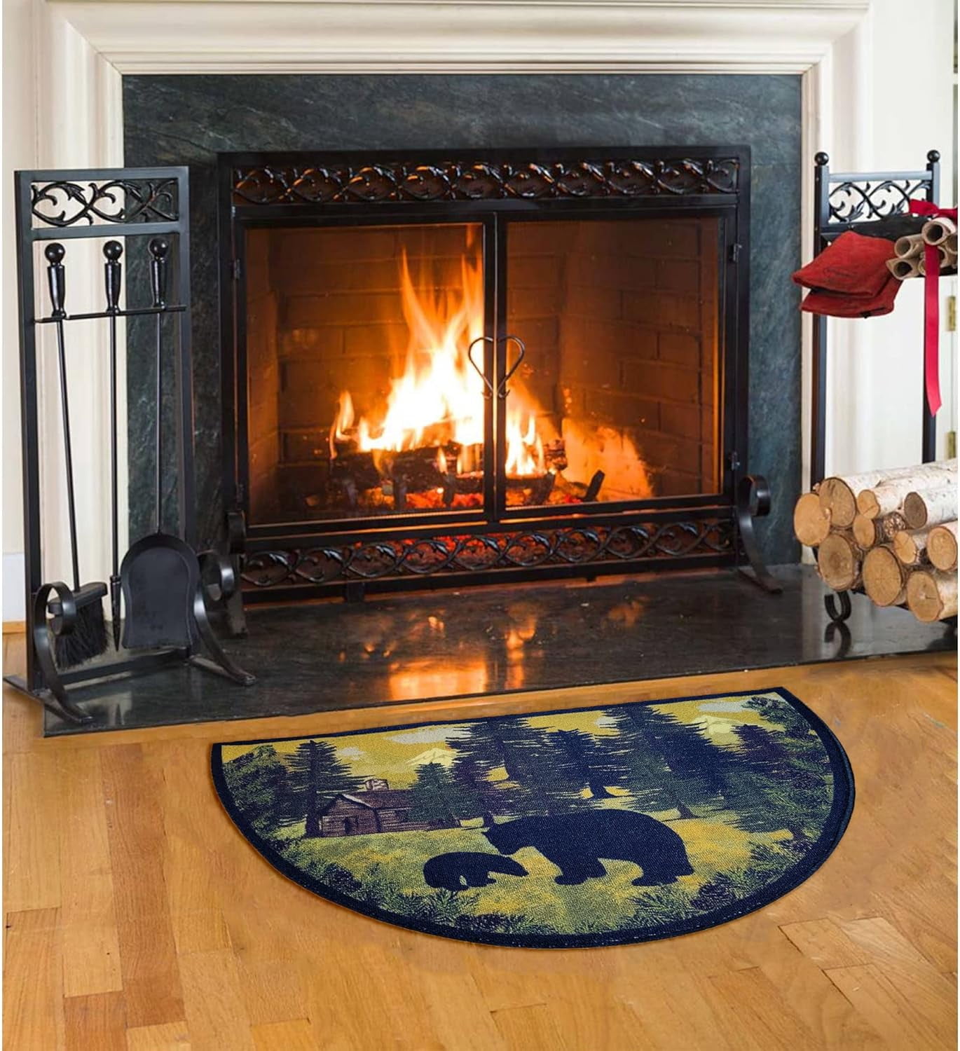 Hearth Rug for Fireplace, Bear & Cub, Non Slip Kitchen Mat, Green Black ...