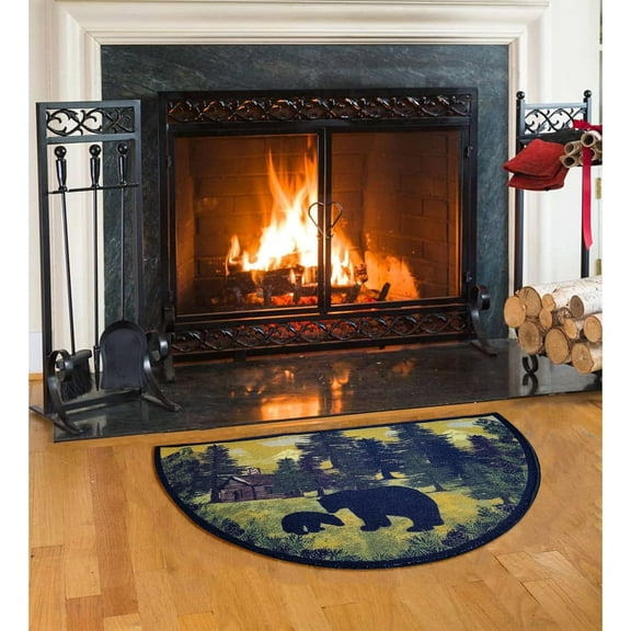 Hearth Rug for Fireplace, Bear & Cub, Non Slip Kitchen Mat, Green Black Gold Cream, Half Circle, Fire Resistant, Nature, Half Round, Heat Resistant, Cabin Rug (26"x 39")
