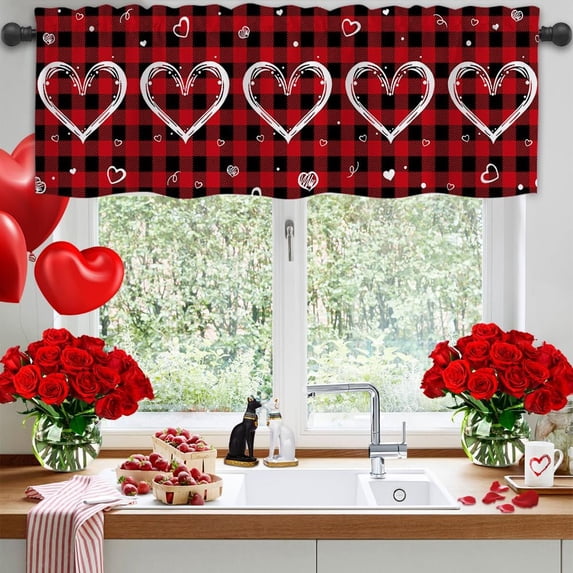 Hearth Valances for Windows, Buffalo Plaid Kitchen Curtains Valances, Romantic Heart Rod Pocket Window Valances for Living Room, 54" W x 18" L, 1 Panel
