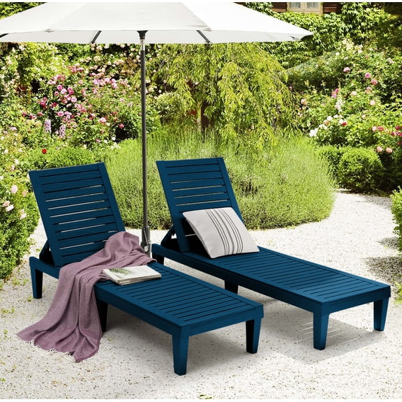 Hearth and Harbor Set of 2 Chaise Outdoor Lounge Chairs for Pool Chairs or Patio Furniture, Blue