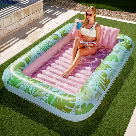 NestE Inflatable Tanning Pool Lounger Float, 85" x 57" Extra Large Pool Floats Adult with Pillow, 4 in 1 Suntan Tub Raft Floatie,Sunbathing Bed Lounge for Water Blow Up Ball Pit, XL-Cyan Pink