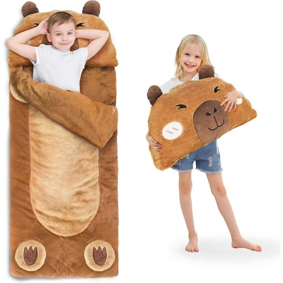 NeoMart Kid Sleeping Bag, Plush Capybara Slumber Bag, Toddler Girl Boy Nap Mat, 2 In 1 Brown Animal Pillow, Happy Travel Sleepover Daycare Preschool Birthday Gift for Age 3 4 5 6 7 8 10 12 Child