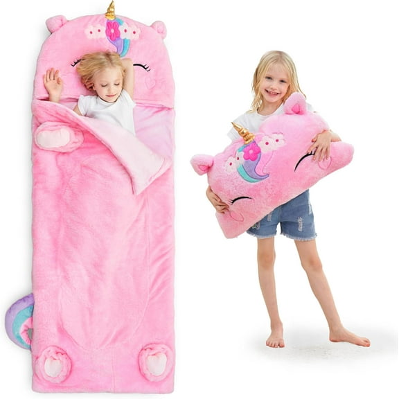 NeoMartKids Unicorn Sleeping Bag, Toddler Girl Nap Mat, Plush Animal Slumber Bag 2 In 1 Pink Pillow Daycare Preschool Kindergarten Birthday Gift Travel Sleepover 3 4 5 6 7 8 10 12 Yr Child Teen