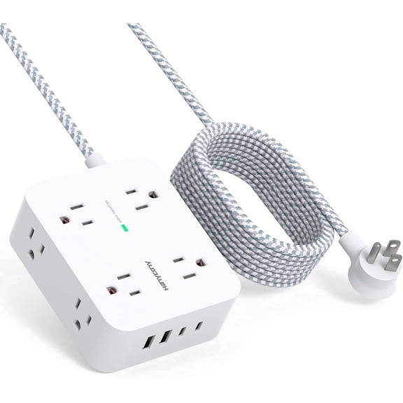 10 Ft Surge Protector Power Strip, Extension Cord with 8 AC Outlets 4 USB (2 USB C) Ports, Flat Plug, Wall Mount Desk USB Charging Station for Home